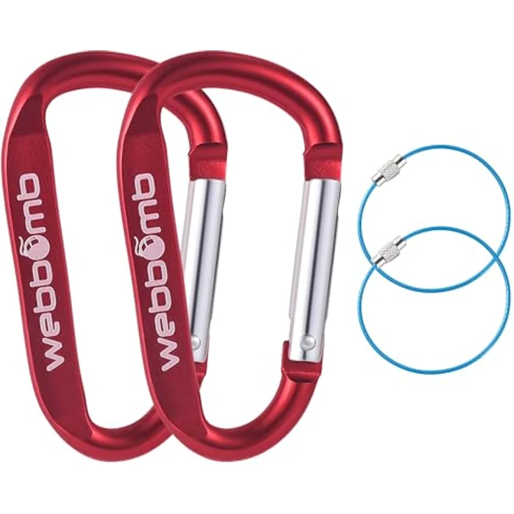 WEBBOMB® 2X Karabiner Haken 6,7 cm mit Schnappverschluss + 2X Drahtseil Schlüsselringe in Rot für Camping, Wandern, Angeln und Schlüsselanhänger – Bild 1