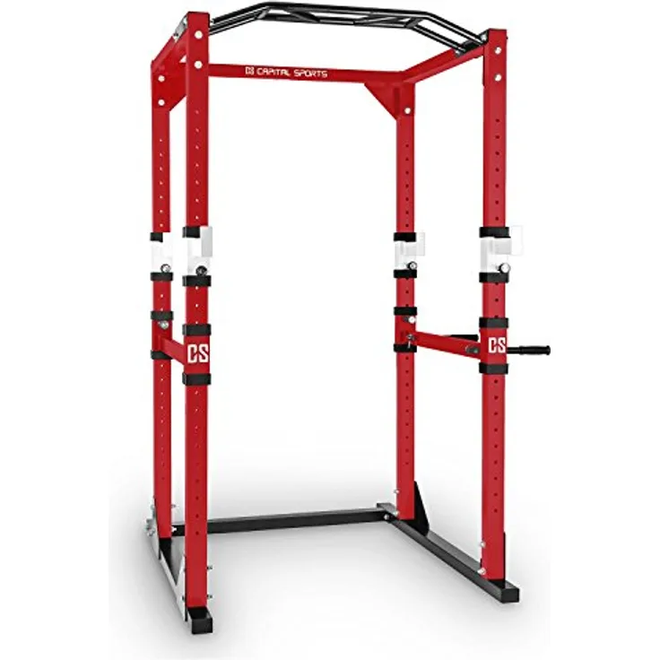 CAPITAL SPORTS Tremendour Power Rack Käfig - Squat Rack Kraftstation, 2 x Safety Spotter: 20-stufig, 4 x J-Hooks, Multigripp-Klimmzugstange, aufsteckbare Dipstangen, Half Rack, rot