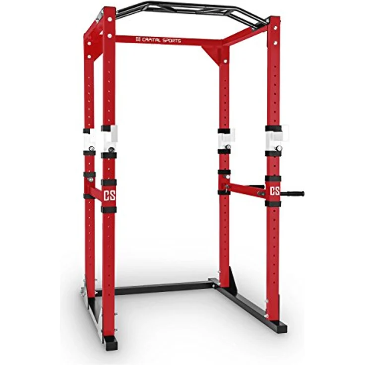 CAPITAL SPORTS Tremendour Power Rack Käfig - Squat Rack Kraftstation, 2 x Safety Spotter: 20-stufig, 4 x J-Hooks, Multigripp-Klimmzugstange, aufsteckbare Dipstangen, Half Rack, rot – Bild 1