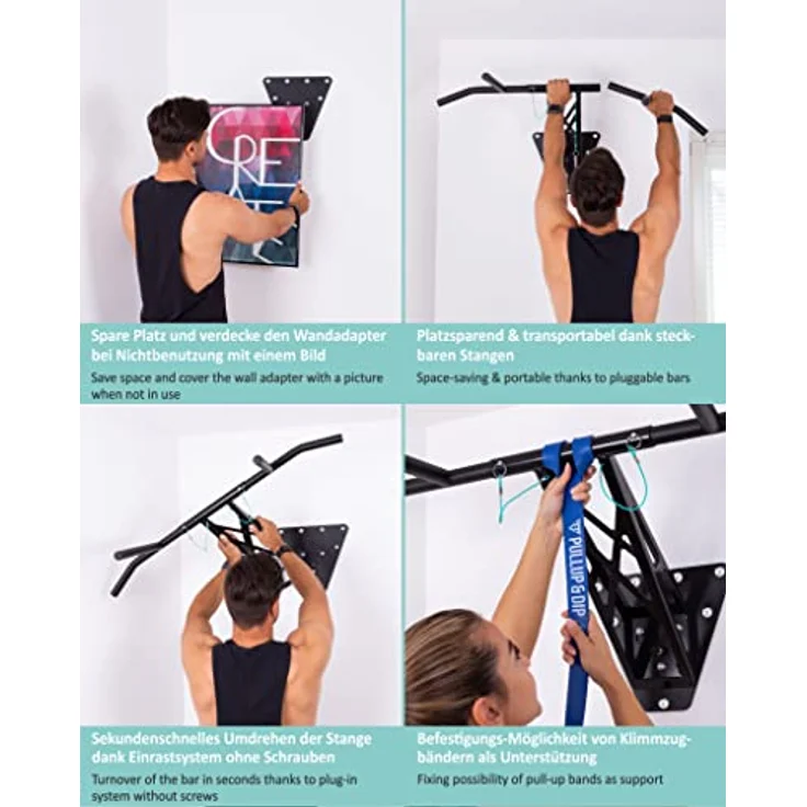 PULLUP & DIP Premium Klimmzugstange und Dip Stange, mobile Indoor- und Outdoor-Fitnesslösung, robustes schwarzes Stahl-Design, über 35 Übungen inklusive Übungsguide – Bild 4