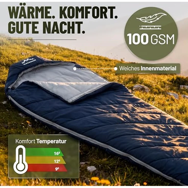 ALPENWERT® Schlafsack Sommer Ultraleicht, wasserabweisend, YKK Reißverschluss, Kältebrücke, 220x80cm, marineblau/grau innen – Bild 4