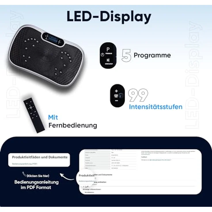 Vibrationsplatte - 99 Intensitätsstufen - 6 Trainingsprogramme - Fitnessgeräte für Zuhause - Ganzkörpertraining - Muskelaufbau & Abnehmen - Massagegerät - Sportgerät mit Bluetooth - Home Workout – Bild 5