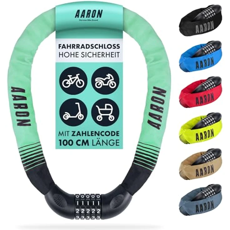 AARON Lock One Fahrradschloss, 5-stelliger Zahlencode, Kettenschloss aus gehärtetem Stahl, hohe Sicherheitsstufe, 100 cm lang, Mint – Bild 1