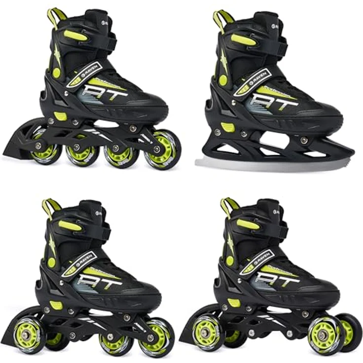 RAVEN Profession 4in1 Inlineskates, verstellbare Triskates und Rollschuhe für Kinder und Erwachsene, Black/Lime, Größe 38-42 (25cm-27,5cm) – Bild 1