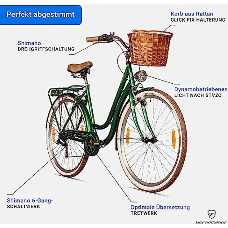 Bergsteiger Marseille 28 Zoll Damenfahrrad, ab 150 cm, Korb aus Rattan,  Fahrrad-Licht, Damen-Citybike, Retro-Design, 6 Gang Shimano Tourney,  Kettenschaltung (blau): Tests, Infos & Preisvergleich