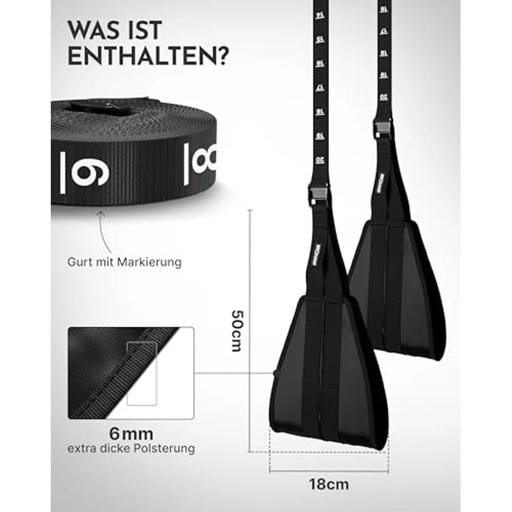 NEOLYMP Bauchtrainer Bauchmuskelschlaufen, gepolstert mit Edelstahl-Haken, höhenverstellbar bis 250 kg belastbar, inkl. 2x Armschlaufen und Nylon-Tragetasche – Bild 2
