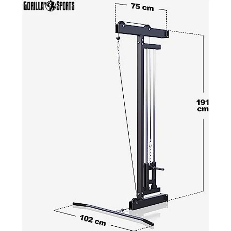 GORILLA SPORTS® Kabelzugturm zur Wandmontage, mit Seilzug, Latzugstange und 2 Federverschlüssen, bis 300kg Belastbar, Schwarz - Kraftstation für effektives Oberkörpertraining – Bild 2