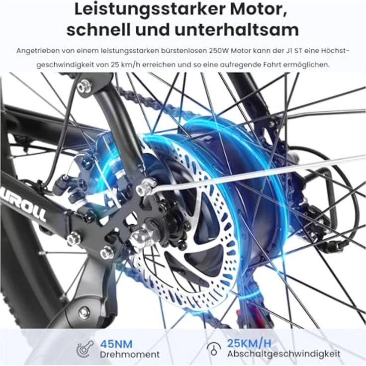 Touroll J1 ST E-Bike, 250 W Motor, 561,6 Wh Akku, Reichweite bis 100 km, 27,5", Shimano 7-Gang, 80 mm Lockout-Federung, StVZO – Bild 3