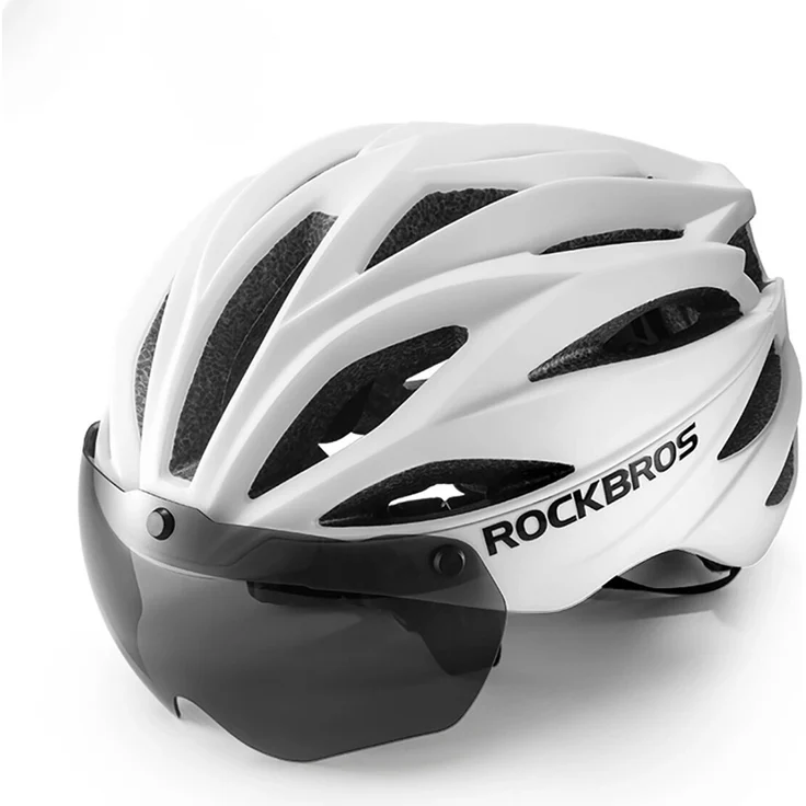 Rockbros Fahrradhelm 10110045001 mit Visier, abnehmbarer UV-Schutzbrille und mehrkanaliger Belüftung, Unisex Matt-Weiß