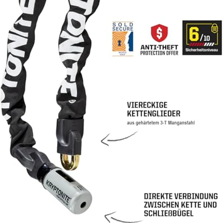 Kryptonite KryptoLok 2 912, Veloschloss mit hochsicherem Schlüsselverschluss, 120 cm, 9 mm Kettenglieder aus gehärtetem Manganstahl – Bild 2