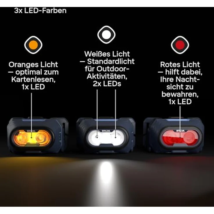 Silva Stirnlampe Discover, batteriebetrieben, 500 Lumen, 3 Helligkeitsstufen, wasserdicht, mit weiß, orange & rot LED – Bild 3