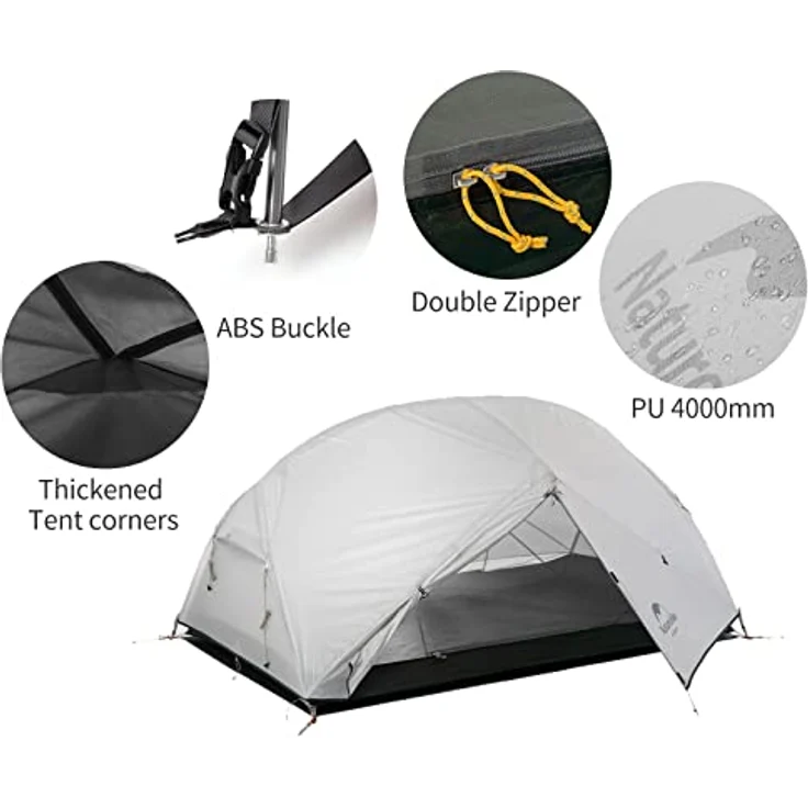 Naturehike Mongar Ultralight Zelt, 2-Personen Campingzelt aus wasserdichtem 20D Nylon in Grau, leicht und atmungsaktiv mit 2 Türen und Foyer-Design – Bild 2
