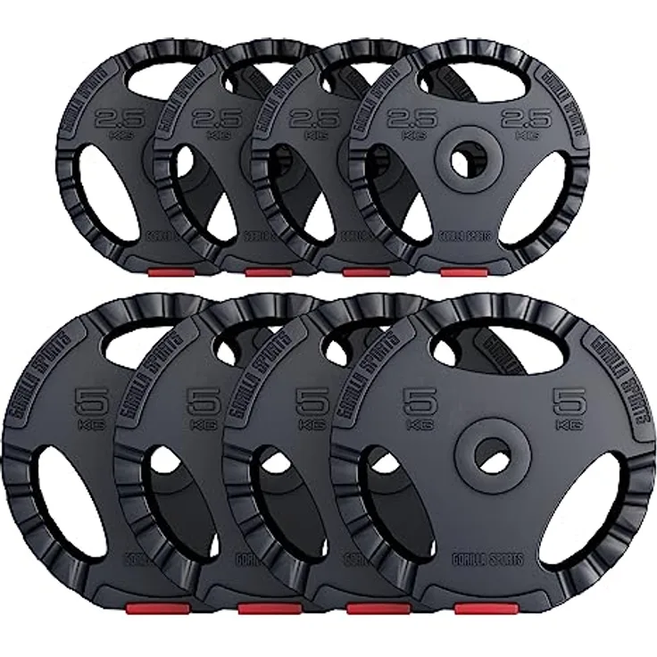 GORILLA SPORTS® Hantelscheiben - Einzeln/Set, 1,25kg, 2,5kg, 5kg, 10kg, 15kg, 17,5kg, 27,5kg, 30kg Gewichte, 30/31mm Bohrung, Tri-Grip, Kunststoff - Gewichtsscheiben, Hantelscheiben-Set