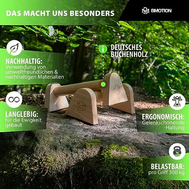 Müller & Blum Premium Holz Liegestützgriffe/nachhaltige und rutschfeste Calisthenics Parallettes/Yoga, Liegestütze oder Handstand Griffe/Push Up Bar für In- und Outdoor/Minibarren – Bild 3