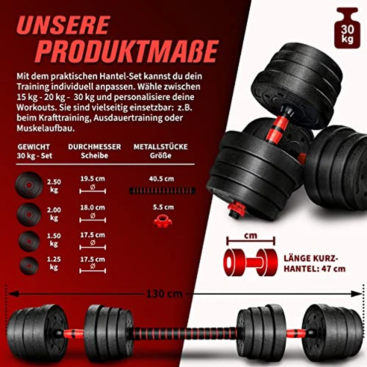 RE:SPORT 2 in 1 Hanteln Set 30 kg | Hantelset verstellbar | Kurzhantel & Langhantel | Sternverschlüsse & Verbindungsrohr – Bild 4
