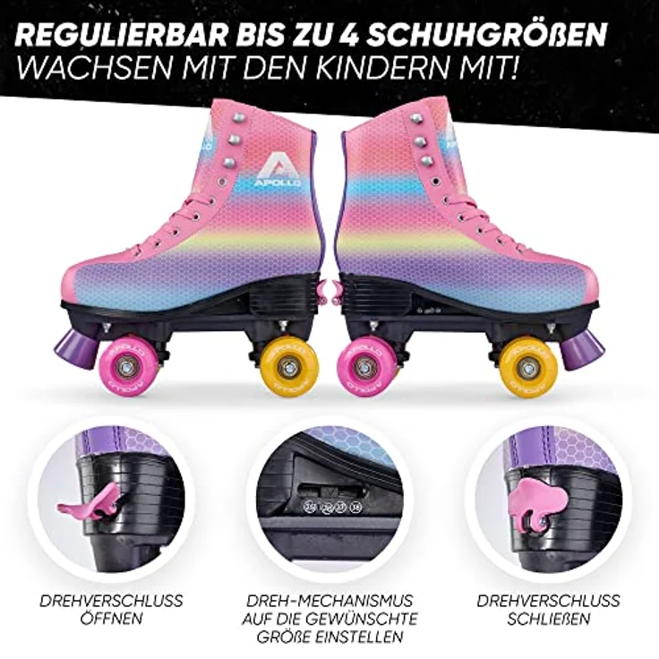 Apollo Rollschuhe Retro Discoroller, verstellbare Disco Roller Skates, größenverstellbar Rollerskates, Retro Design, Schwarz – Bild 3