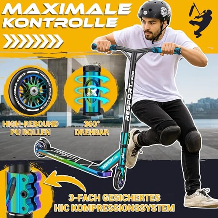 RE:SPORT REVO PRO Stunt Scooter für Kinder & Erwachsene, Profi Stuntroller mit 110mm PU-Rollen, Y-Bar, ABEC 9 Kugellagern, rutschfestem Pro-Deck und Ständer – Bild 2