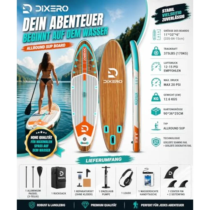 COIL Aufblasbares SUP-Board, Stand Up Komplettset mit Paddel, Pumpe und wasserdichter Handytasche, 335 cm, bis 170 kg, Braun – Bild 2