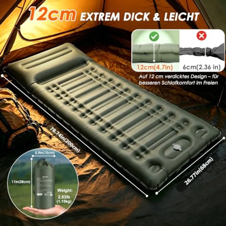 Arlierss Isomatte, 12CM Dicke Luftmatratze mit Fußpresse Pumpe und Kissen, wasserfest und reißfest, tragbar, Armeegrün – Bild 2