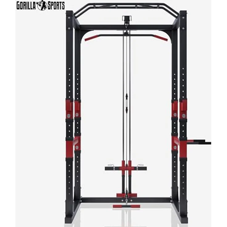 GORILLA SPORTS® Power Rack 154,5 x 164 x 214,5 cm, multifunktionale Kraftstation mit Klimmzugstange, Kabelzug und verstellbaren Hantelablagen, Stahl in Schwarz/Rot – Bild 2