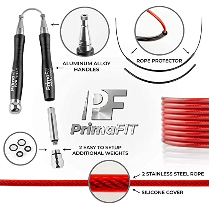 PrimaFIT Pro Speed Jump Rope, 3m verstellbares Springseil für Erwachsene mit Gewichten, 2 Kugellager, Anti-Rutsch Griffe, ideal für Boxen, MMA und Crossfit, inklusive Tragetasche – Bild 4