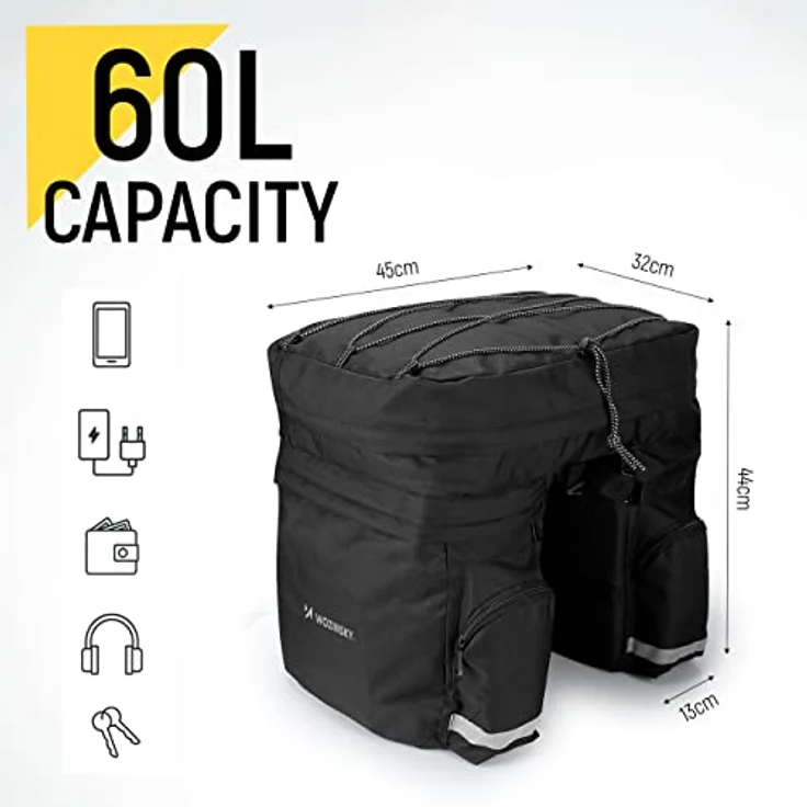 Wozinsky Fahrradtasche Pannier Doppeltasche mit 60L Kapazität, trapezförmigem Design und abnehmbarer Obertasche, schwarz – Bild 2