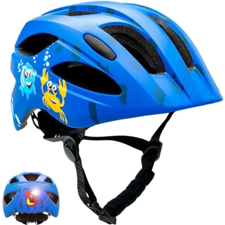 Crazy Safety Cool Kinder Fahrradhelm, Verstellbar für 6-12 Jahre, USB-aufladbares Rücklicht, In-Mould gefertigt, Blau – Bild 1