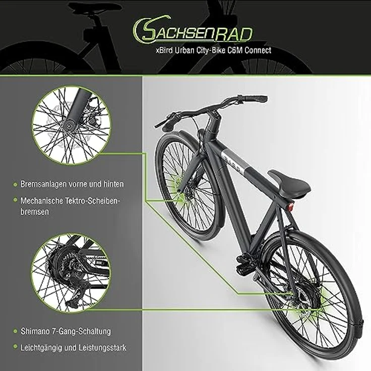 SachsenRAD xBird C6R Connect Urban E-City-Bike, E-Bike mit Riemenantrieb und integriertem LCD-Display, schwarz, für Körpergrößen 150-180 cm – Bild 8