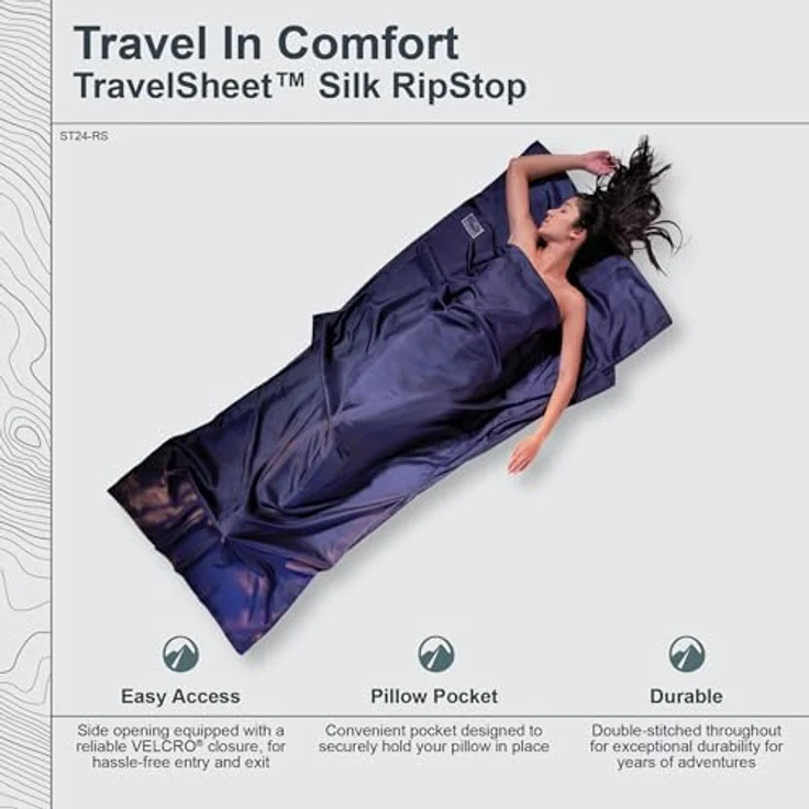 Cocoon TravelSheet, Leichter Schlafsack aus Seide, 220 cm, temperaturausgleichend, seitlicher Klettverschluss, Wärmeleistung +5,3 °C – Bild 2