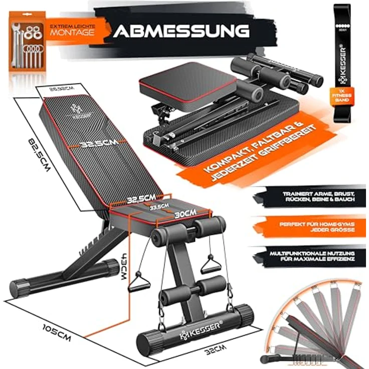 KESSER Klappbare Hantelbank Multifunktionale Trainingsbank mit Rückenlehne, 500kg Belastbarkeit, Carbon-Optik, verstellbar, inkl. Fitnessband für Ganzkörpertraining – Bild 3