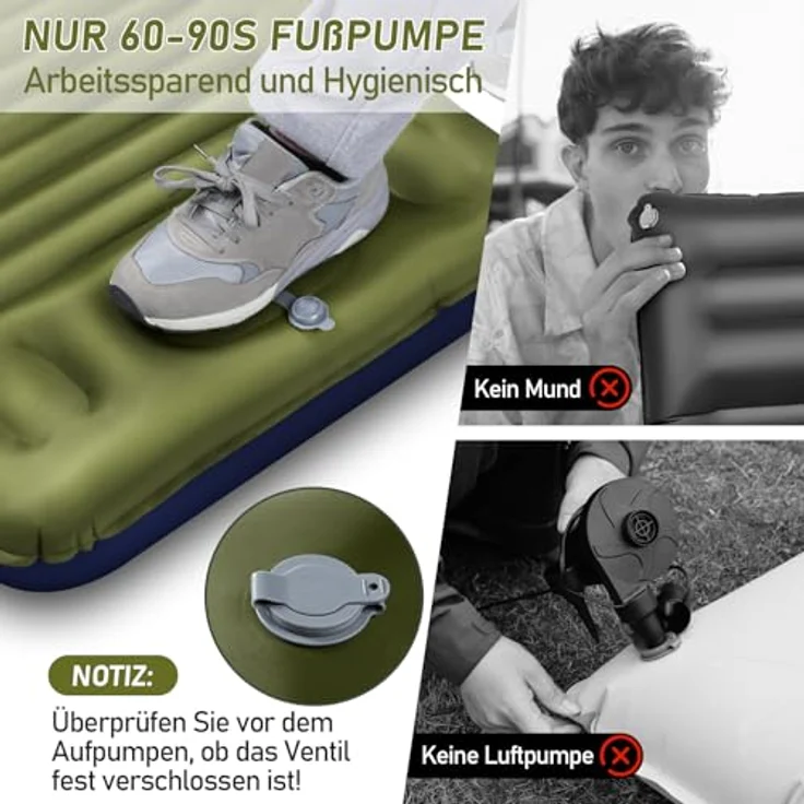 JEMULICE Isomatte Camping, 12CM Ultradicke Luftmatratze mit Fußpumpe, ultraleicht und wasserdicht, kompaktes Packmaß - Armeegelb – Bild 4