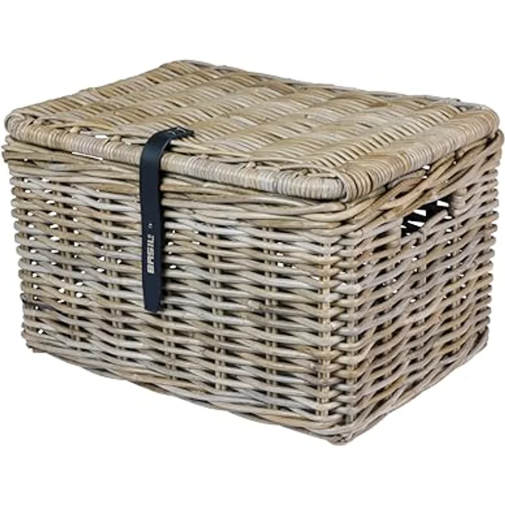 Basil DAX L Rattan Fahrradkorb, Rechteckiger Aufbewahrungskorb mit Deckel und Kunstledergriffen, Grau, Handgeflochten, 30 l Volumen – Bild 1