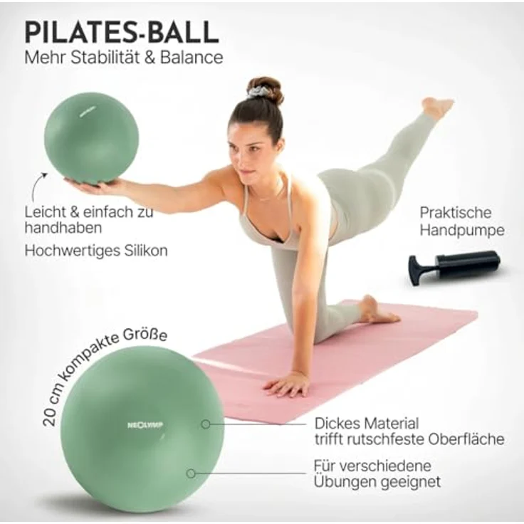 NEOLYMP Pilatesball 20 cm, rutschfester Mini Gymnastikball aus Silikon mit Pumpe für Core-Training, Balance, Yoga und Pilates (Matcha) – Bild 2