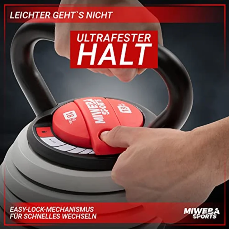 Miweba Sports Kettlebell verstellbar KB-300 | 3,5-18 kg Gewichte - Kugelhantel - Einstellbares Kugelgewicht - Schwunghantel - Kettlebells - Hanteln - Hantel für Indoor & Outdoor (Hellgrau) – Bild 4