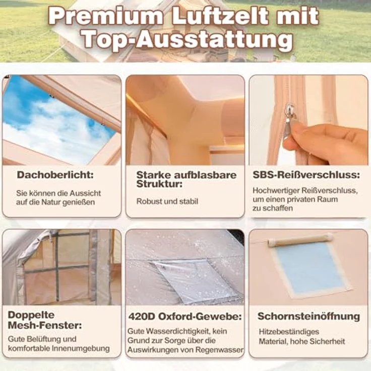 Afitdon Aufblasbares Campingzelt mit Kaminöffnung und Dachfenster, für 2-10 Personen, wasserdichter Oxford-Stoff, schnelles Aufblasen in 5 Minuten mit Luftpumpe – Bild 5