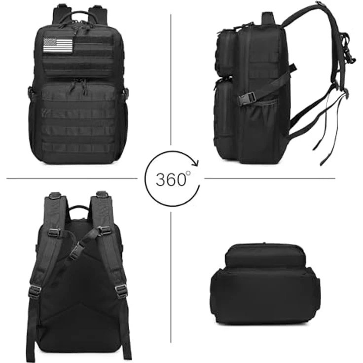 Wotony Militärischer Taktischer Rucksack, Wasserdichter 3-Tage-Assault Pack mit Molle-Tasche und Wasserflaschenhalter, Schwarz, 25L – Bild 2
