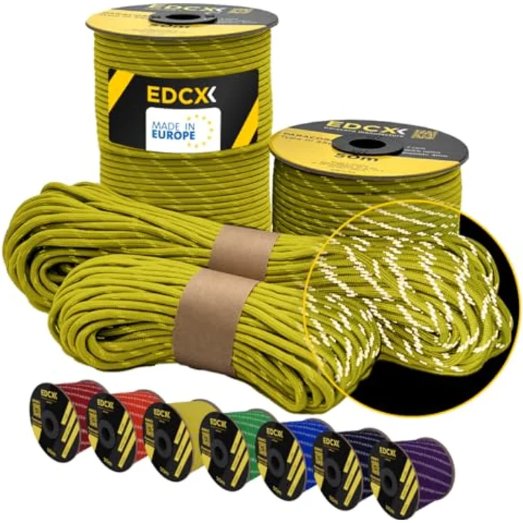 EdcX Paracord 550 Typ III, 4 mm, 7 Kern-Stränge, 250 kg reißfest, 35 Farben, 10/15/30/50/100/300 m, Survival-Seil, Made in EU