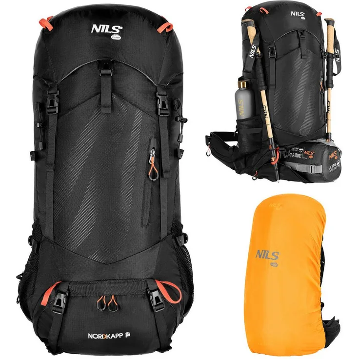 NILS CAMP Nordkapp NC1992, Trekkingrucksack 65L mit Air Flow Belüftungssystem, schwarz, ergonomisches Tragesystem und Regenhülle