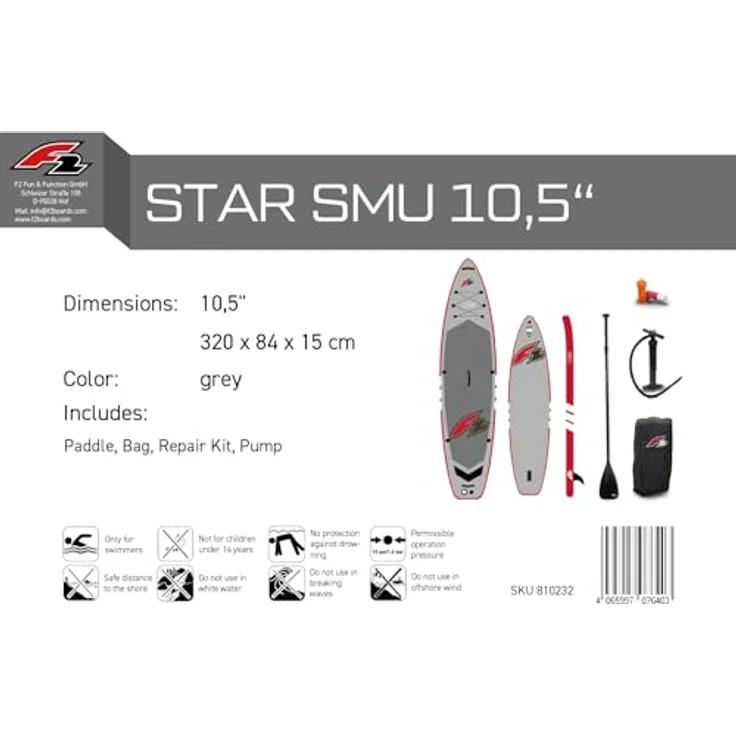 F2 SUP Stand Up Paddle Board Star 320cm 10,5 Grau, stabiles Allround-Board mit rutschfestem EVA-Deckpad und umfangreichem Zubehörset – Bild 6