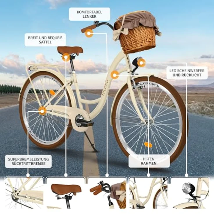 Milordbikes City-Fahrrad, Braun-Creme, 46 cm, Metallrahmen, 700C x 35 mm Reifen, inklusive Pedale und Lenker – Bild 2