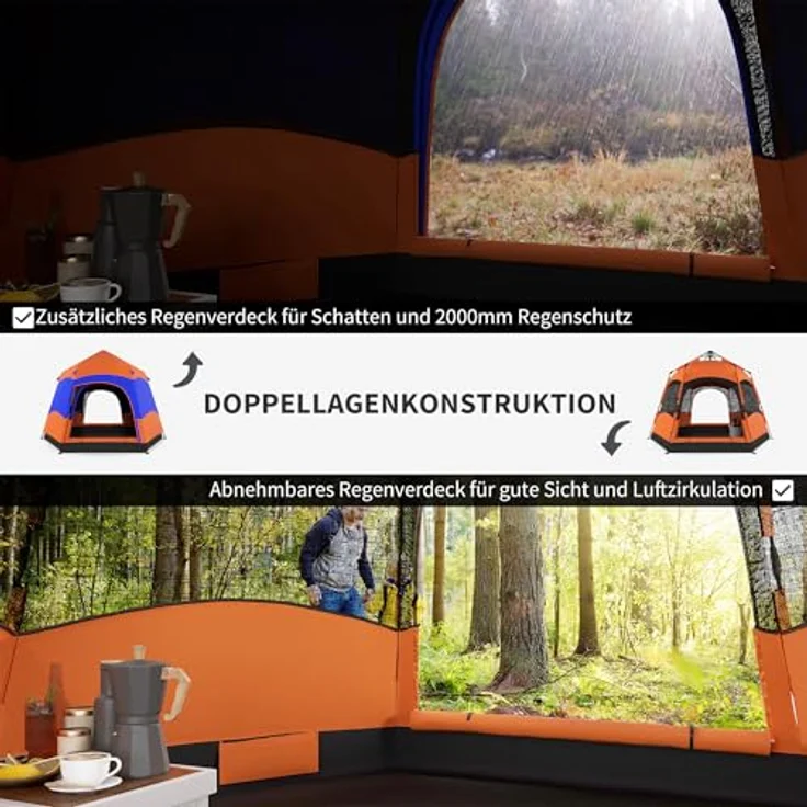Outsunny Quick-Up-Zelt Doppelwandzelt Outdoor Familienzelt Pop-Up für 4–6 Personen 4 Jahreszeiten wasserdicht Orange + Blau 275 x 275 x 170 cm – Bild 4