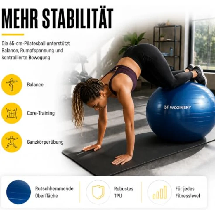 Wozinsky WGB65BL Gymnastikball, 65 cm, Blau, matten Oberfläche, belastbar bis 125 kg, inklusive Pumpe und Zubehör – Bild 4