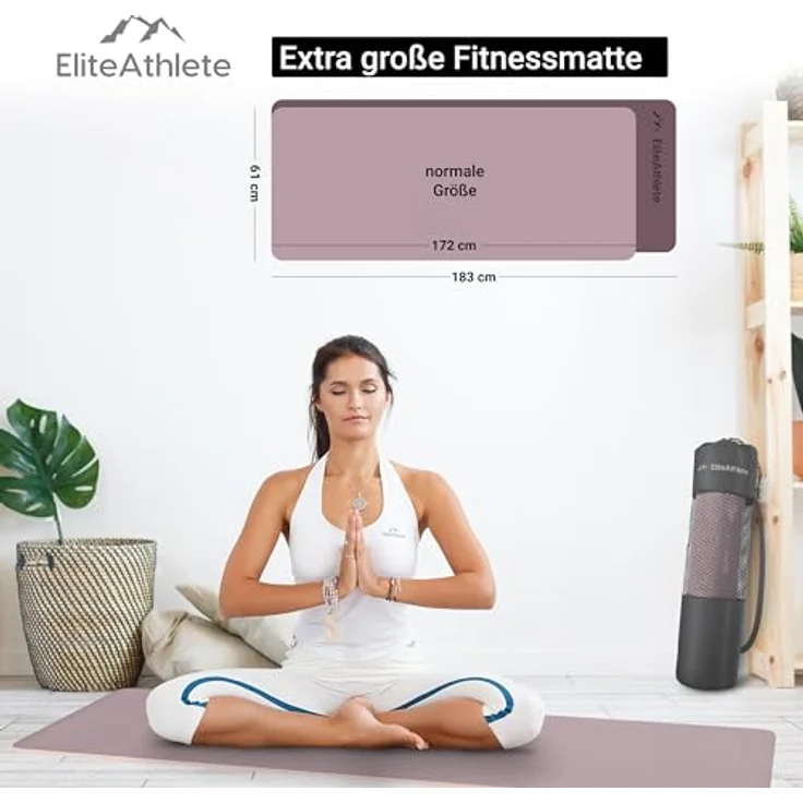 EliteAthlete Yogamatte - Sportmatte - Fitnessmatte - Gymnastikmatte gepolstert & rutschfest für Fitness, Pilates - Yoga Matte - 183 cm x 61 cm x 0.6 cm - Trainingsmatte inkl. Transportgurt + Tasche – Bild 3