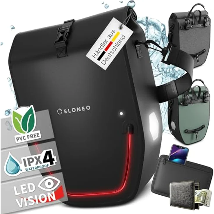 Eloneo Velotasche, Gepäckträgertasche mit 28 l Volumen, wasserdicht, integrierter LED-Streifen und Reflektoren für erhöhte Sichtbarkeit – Bild 1