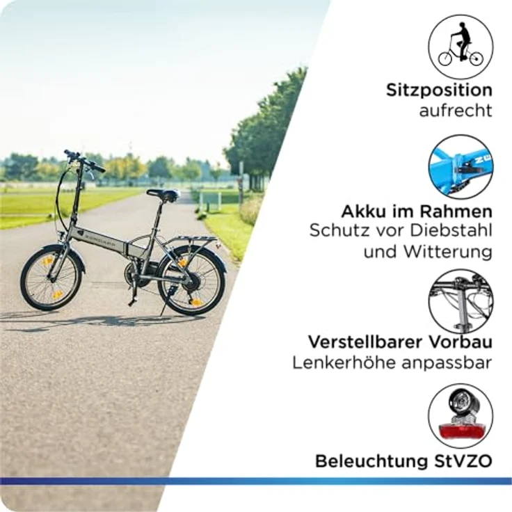 ZÜNDAPP Z101 20 Zoll E Bike Faltrad Damen Herren Elektrofahrrad klappbar Ebike Pedelec E-Bike - 6 Gänge, LED Licht, V-Bremsen - Schwarz – Bild 2