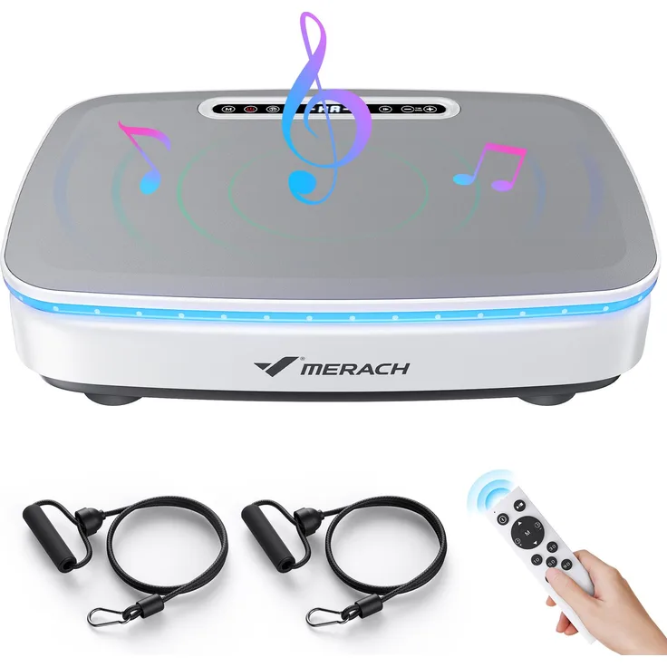Merach Vibrationsplatte, 99 Stufen, 7 Programme, LED, Bluetooth, 150W mit Widerstandsbändern, weiß