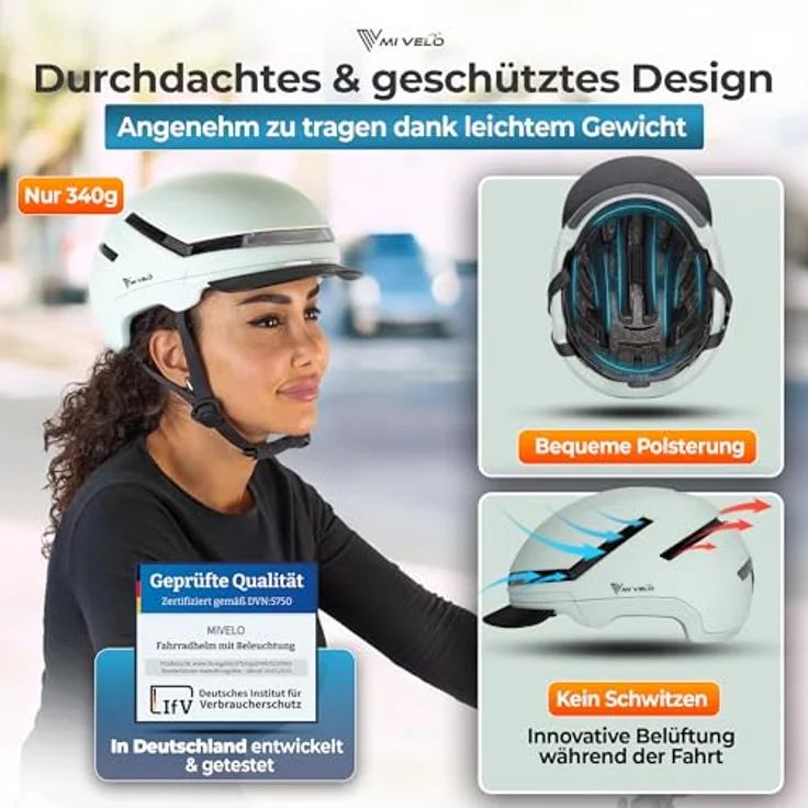 MIVELO NOVA Fahrradhelm, NTA zertifiziert bis 45 km/h, ultraleicht mit LED-Licht und Helmschloss, Unisex, Mint, L (57-61 cm) – Bild 2