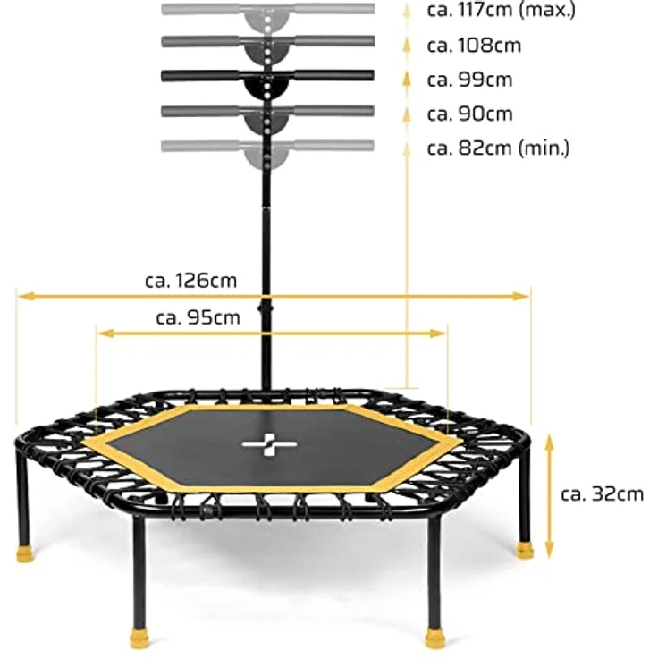 SportPlus Fitness Trampolin für zuhause, mit Haltestange (5-Fach höhenverstellbar), weiche Gummiseilfederung, sehr leise & bis 130 kg belastbar – Bild 2