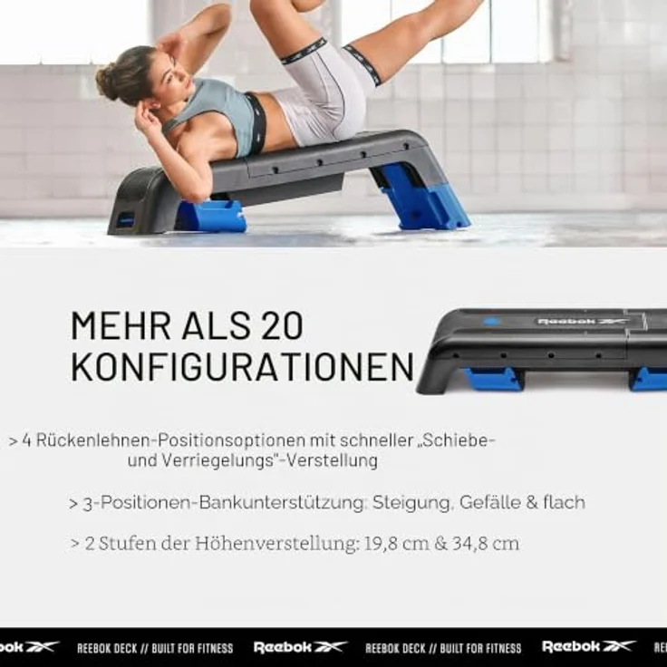 Reebok Deck Training Bench - Vielseitige Fitnessplattform mit 20+ Setup-Kombinationen, Neigungs- und Höhenverstellung, blau – Bild 3