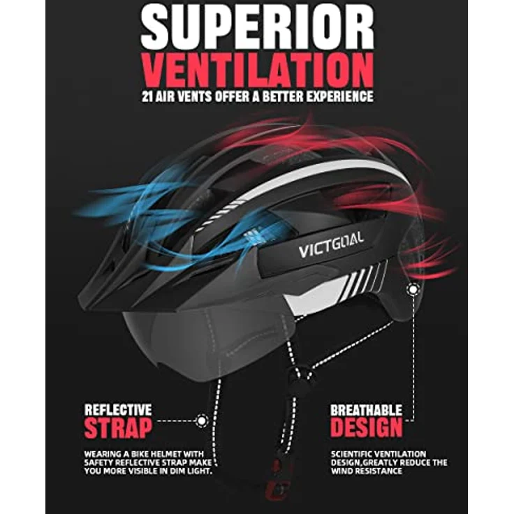 Victgoal VICTGOAL Fahrradhelm MTB für Herren und Damen, mit abnehmbarer magnetischer Brille, 21 Belüftungskanälen, einstellbar (L: 57-61 cm, Schwarz Weiß) – Bild 3
